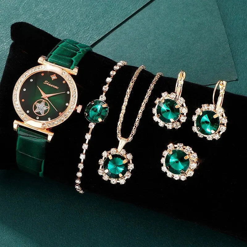 6PCS Set Green Luxury Quartz Watch Mulheres Anel Colar Brinco Rhinestone Moda Relógio de pulso Casual Ladies Pulseira Relógios Importe Go 