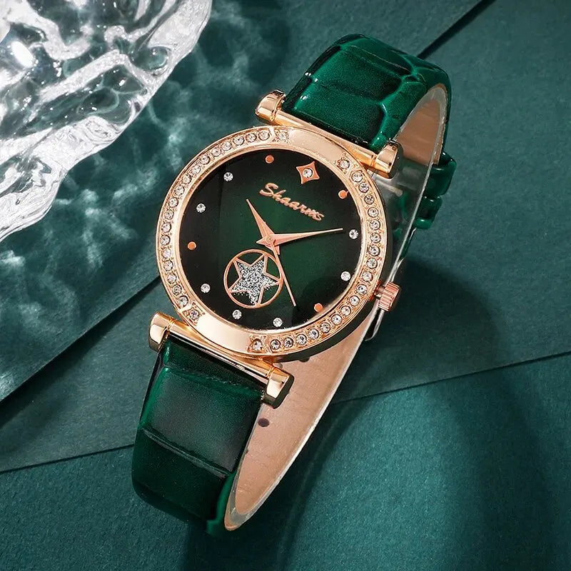 6PCS Set Green Luxury Quartz Watch Mulheres Anel Colar Brinco Rhinestone Moda Relógio de pulso Casual Ladies Pulseira Relógios Importe Go 