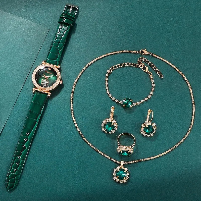 6PCS Set Green Luxury Quartz Watch Mulheres Anel Colar Brinco Rhinestone Moda Relógio de pulso Casual Ladies Pulseira Relógios Importe Go 