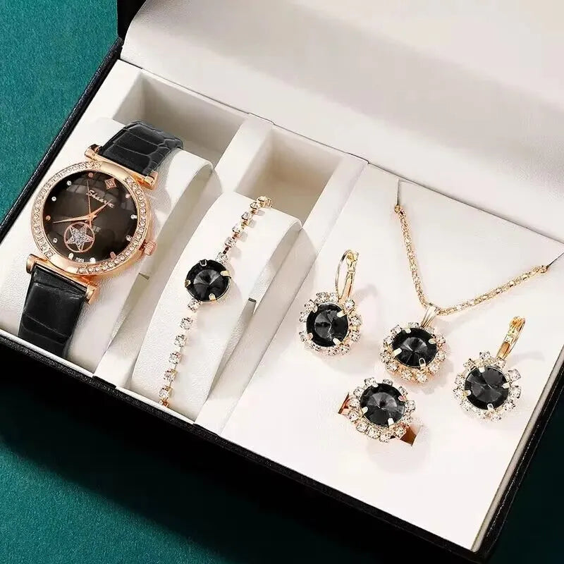 6PCS Set Green Luxury Quartz Watch Mulheres Anel Colar Brinco Rhinestone Moda Relógio de pulso Casual Ladies Pulseira Relógios Importe Go Black 