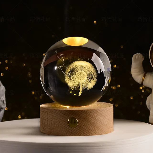 Bola de cristal 3D de 6cm para decoración del hogar y escritorio, grabado con láser globo con sistema Solar, luz nocturna de Planeta, regalo de cumpleaños y Astronomía Importe Go 6cm with base Dandelion 