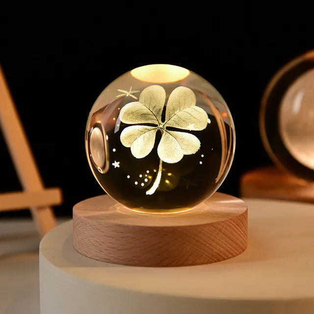 Bola de cristal 3D de 6cm para decoración del hogar y escritorio, grabado con láser globo con sistema Solar, luz nocturna de Planeta, regalo de cumpleaños y Astronomía Importe Go 6cm with base Clover 