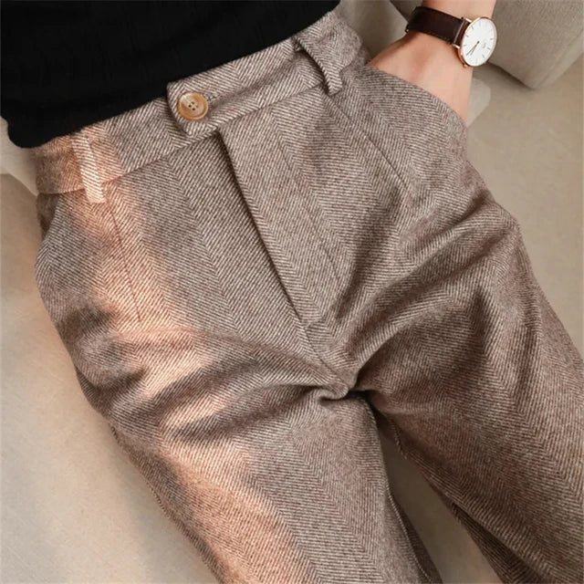 Calça lápis harém de lã feminina, terno casual de cintura alta para senhora do escritório, outono, inverno, 2022 Importe Go Cáqui S 