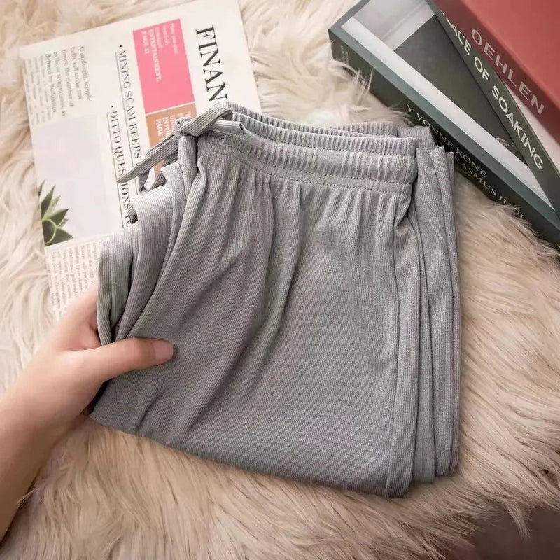 Calça larga de seda de gelo feminina, cintura alta, solta, reta, casual, ao ar livre, calça preta, feminina, primavera, verão, 2023 Importe Go Cinzento Tamanho único 