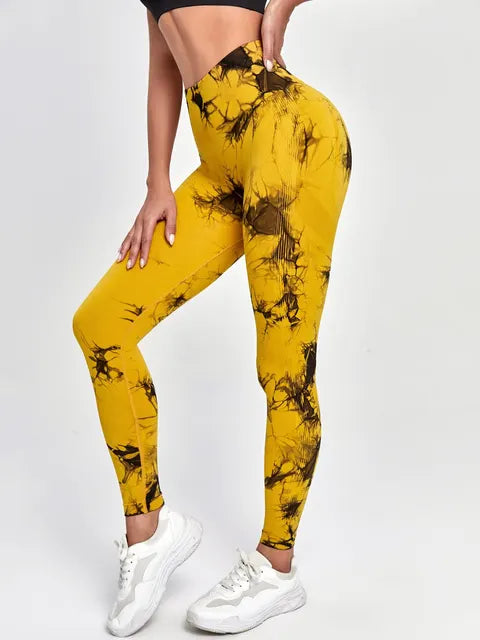 Calças de Yoga Push Up sem costura para mulheres, Tie Dye, Leggings esportivos, calças justas de fitness, leggings de treino, roupas de ginástica, 2023 Importe Go Yellow black S 