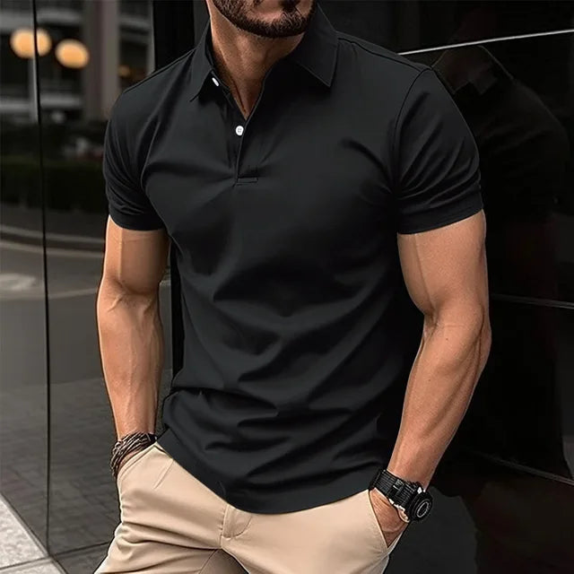 Camisa polo de manga curta masculina, gola virada para baixo, botão, top cor pura, casual roupas de conforto, verão, best-seller Importe Go black S 