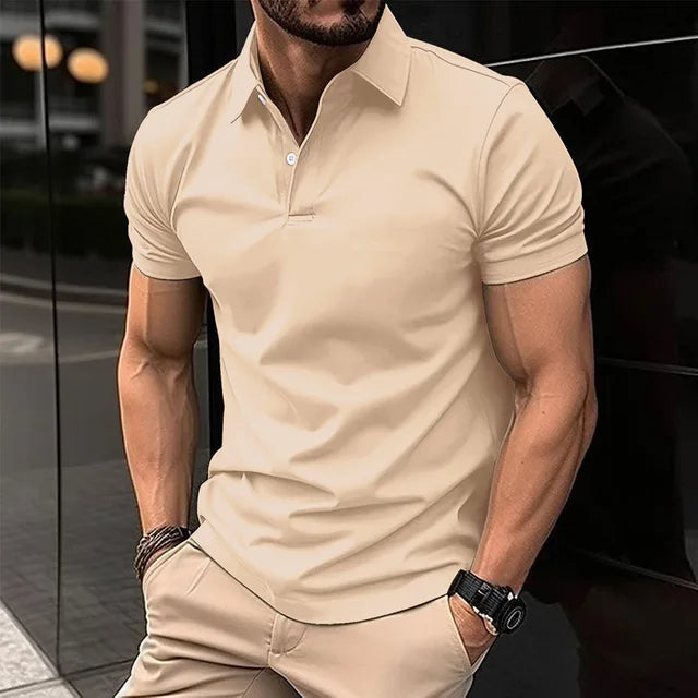 Camisa polo de manga curta masculina, gola virada para baixo, botão, top cor pura, casual roupas de conforto, verão, best-seller Importe Go khaki S 