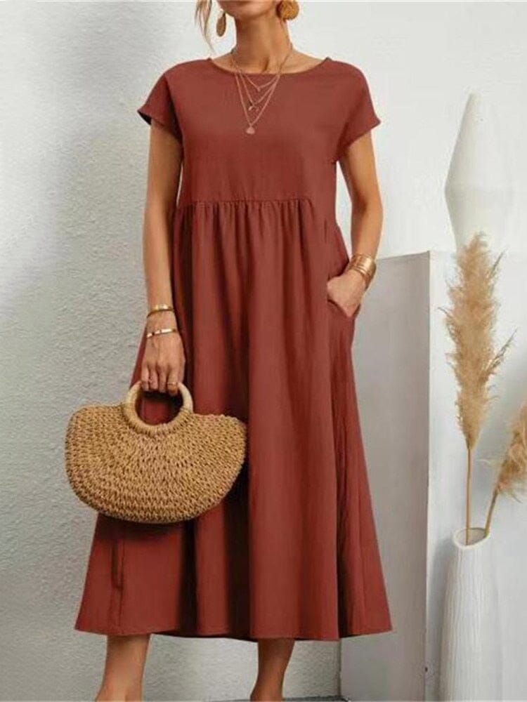 Elegante Vestido, Manga Curta, Algodão e Linho, Vestido de Verão Solto, Bolsos Importe Go Vermelho P 