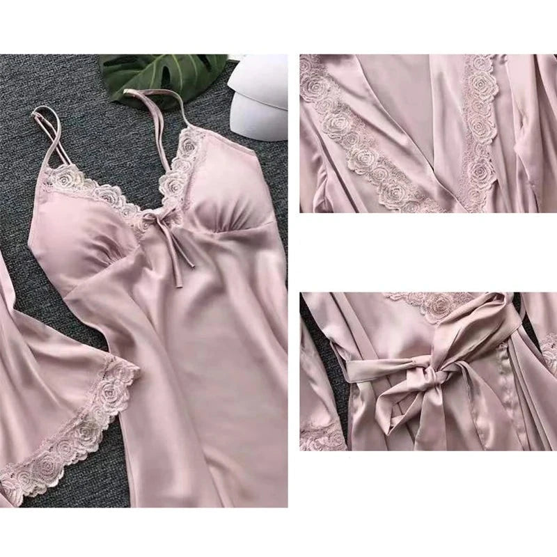 Lingerie feminina de renda, pijama sexy, roupa de dormir, roupão, cetim seda, roupa de casa, pijamas femininos, 2 peças Importe Go 