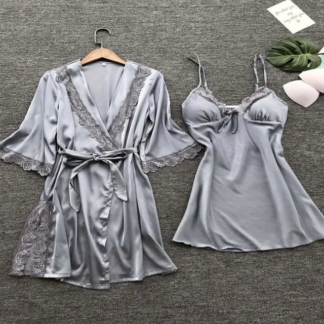 Lingerie feminina de renda, pijama sexy, roupa de dormir, roupão, cetim seda, roupa de casa, pijamas femininos, 2 peças Importe Go CÉU AZUL S 