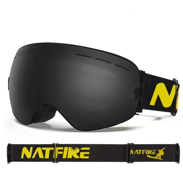 NATFIRE-Ski Goggles com Camadas Duplas, Anti-fog Eyewear, UV400 Óculos, Snow Goggles, Snowmobile Eyewear, Esporte ao ar livre, Esqui Googles Importe Go Black 