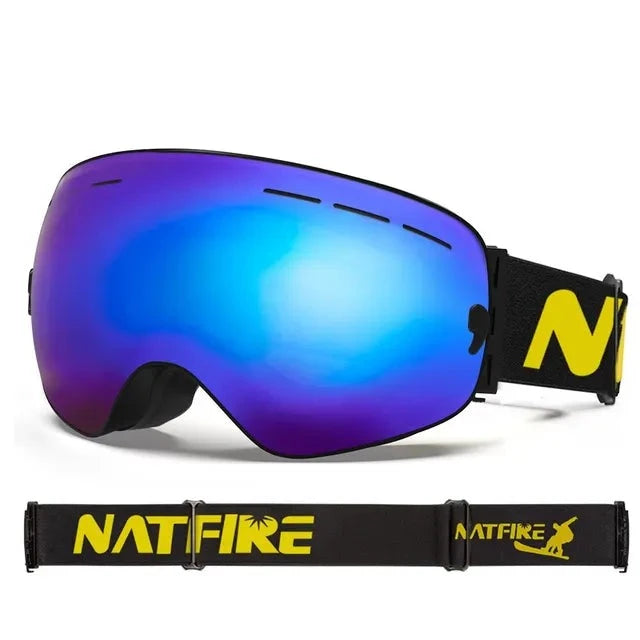 NATFIRE-Ski Goggles com Camadas Duplas, Anti-fog Eyewear, UV400 Óculos, Snow Goggles, Snowmobile Eyewear, Esporte ao ar livre, Esqui Googles Importe Go Blue 