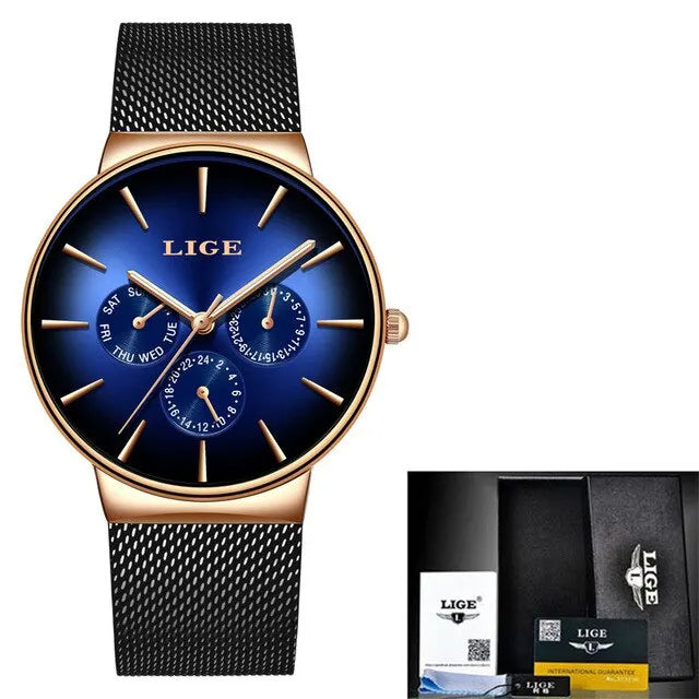 Novo LIGE Moda Mens Relógios Top Marca De Luxo Relógio De Quartzo Homens Malha De Aço Impermeável Ultra-fino Relógio De Pulso Para Homens Relógio Do Esporte Importe Go black blue 