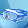 Óculos de natação grandes com tampões para os ouvidos, óculos infantis anti-nevoeiro, óculos de praia para meninos e meninas Importe Go -blue white 