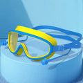 Óculos de natação grandes com tampões para os ouvidos, óculos infantis anti-nevoeiro, óculos de praia para meninos e meninas Importe Go -blue yellow 