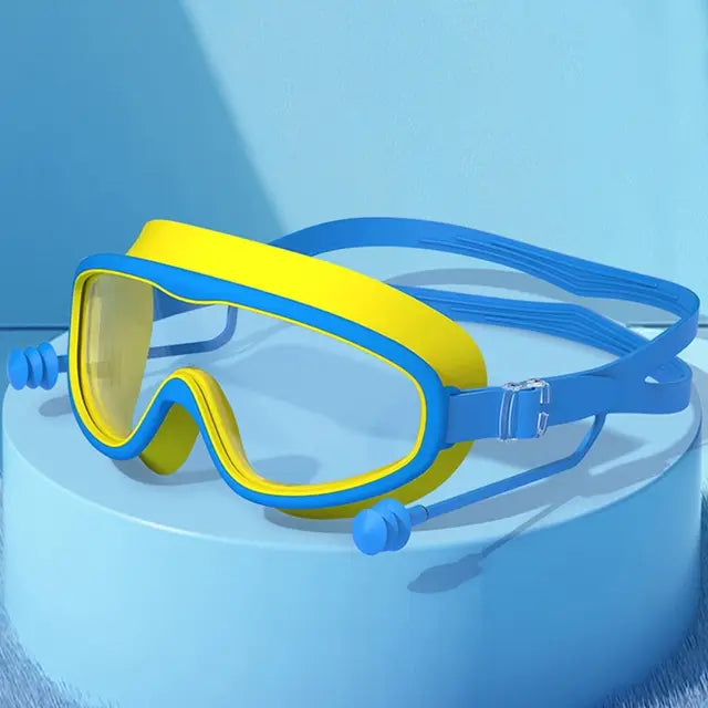 Óculos de natação grandes com tampões para os ouvidos, óculos infantis anti-nevoeiro, óculos de praia para meninos e meninas Importe Go -blue yellow 