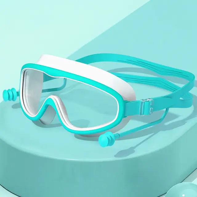 Óculos de natação grandes com tampões para os ouvidos, óculos infantis anti-nevoeiro, óculos de praia para meninos e meninas Importe Go -green white 