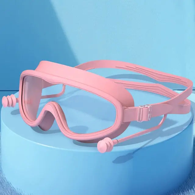 Óculos de natação grandes com tampões para os ouvidos, óculos infantis anti-nevoeiro, óculos de praia para meninos e meninas Importe Go -pink 