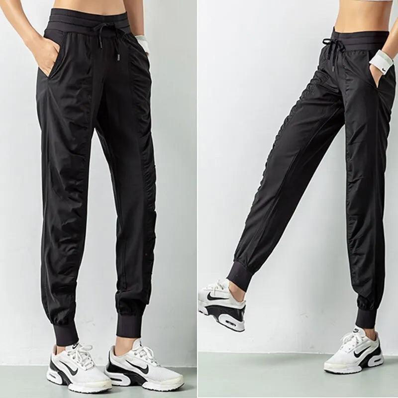 Rápido tecido seco Drawstring corredores para mulheres, ginásio moletom de fitness com dois bolsos laterais, calças exercício, corrida, esporte, atlético, corredores Importe Go 
