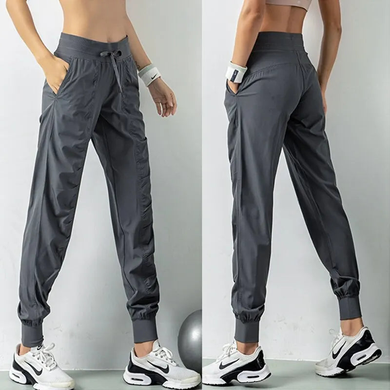 Rápido tecido seco Drawstring corredores para mulheres, ginásio moletom de fitness com dois bolsos laterais, calças exercício, corrida, esporte, atlético, corredores Importe Go 