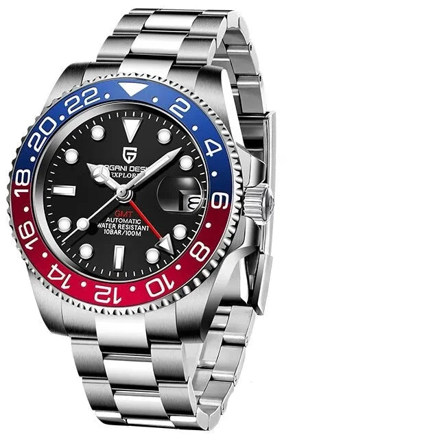 Reloj de pulsera mecánico PAGANI DESIGN para hombres GMT de lujo, reloj de cristal de zafiro de acero inoxidable 100M, relojes automáticos a prueba de agua Importe Go blue red 