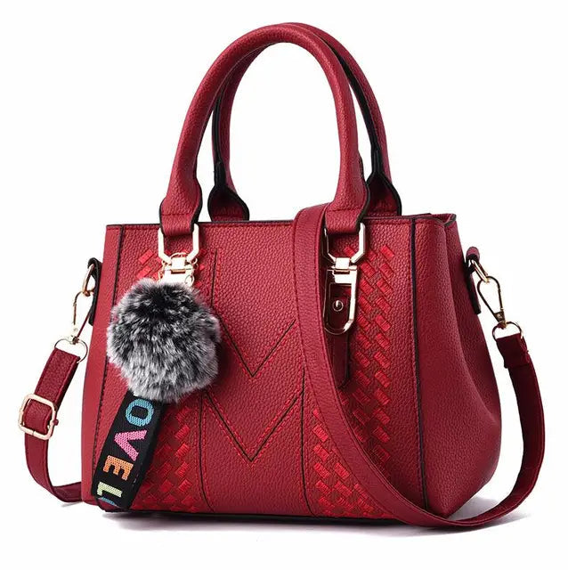 Sacos De Mensageiro De Couro Bordado Para Mulheres, Bolsas Femininas, Hair Ball Hand Bag Importe Go wine red 23X14X19cm 