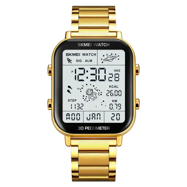Skmei-relógio digital masculino com display de luz traseira, pedômetro, cronômetro, contagem regressiva, calendário, calendário, relógio Importe Go Gold 
