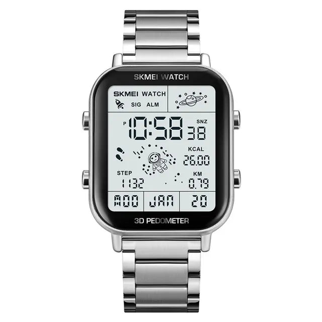 Skmei-relógio digital masculino com display de luz traseira, pedômetro, cronômetro, contagem regressiva, calendário, calendário, relógio Importe Go Silver 
