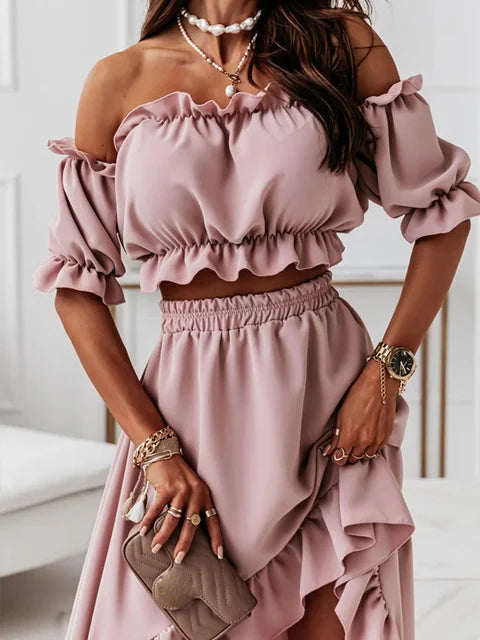 Summer Elegant Ruffled Backless Dress Sets Women Fashion Puff Sleeve Strapless Elastic Two Pieces Ladies Maxi Dresses Robe Femme Importe Go 