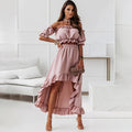 Summer Elegant Ruffled Backless Dress Sets Women Fashion Puff Sleeve Strapless Elastic Two Pieces Ladies Maxi Dresses Robe Femme Importe Go 