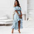 Summer Elegant Ruffled Backless Dress Sets Women Fashion Puff Sleeve Strapless Elastic Two Pieces Ladies Maxi Dresses Robe Femme Importe Go 