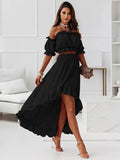 Summer Elegant Ruffled Backless Dress Sets Women Fashion Puff Sleeve Strapless Elastic Two Pieces Ladies Maxi Dresses Robe Femme Importe Go 