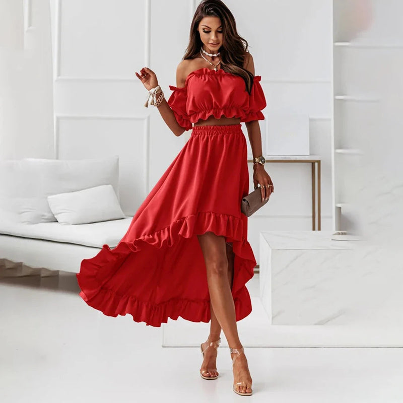 Summer Elegant Ruffled Backless Dress Sets Women Fashion Puff Sleeve Strapless Elastic Two Pieces Ladies Maxi Dresses Robe Femme Importe Go 