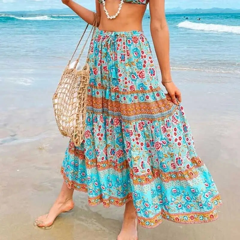 Super Chic midi skirt women elastic waist bohemian blue floral print skirt women 2021 spring summer skirt new floral boho skirt Importe Go 