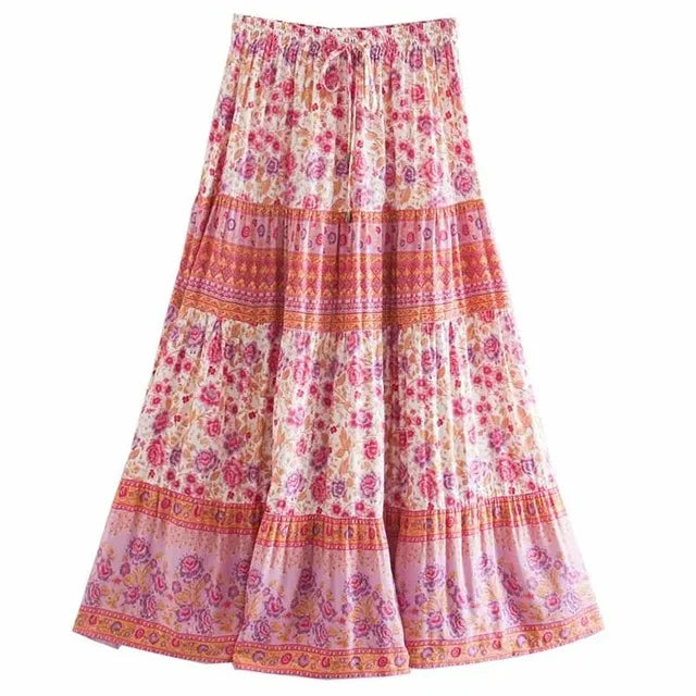 Super Chic midi skirt women elastic waist bohemian blue floral print skirt women 2021 spring summer skirt new floral boho skirt Importe Go 