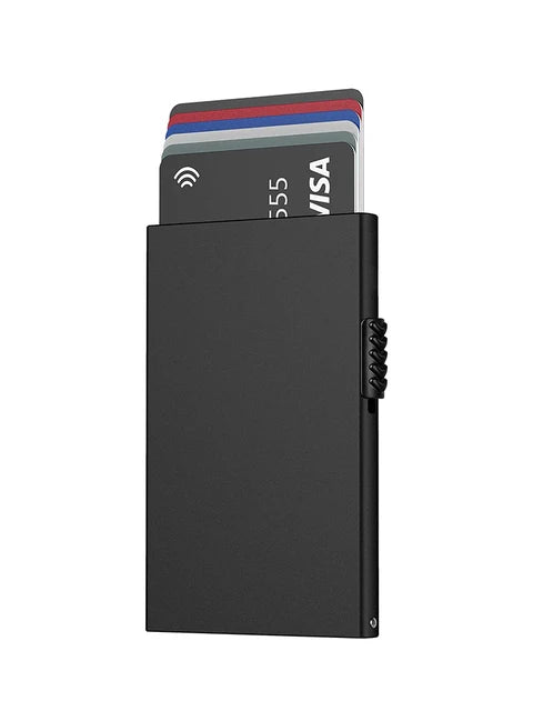 Tarjetero minimalista para hombre, billetera delgada de Metal con bloqueo RFID, Protector de tarjetas Pop-Up Importe Go Black 