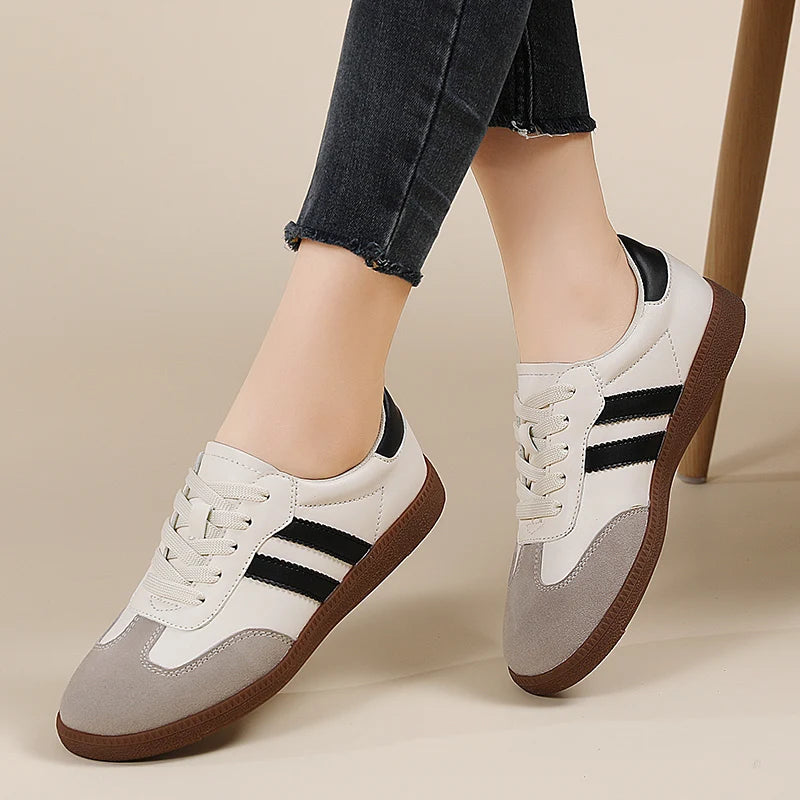 Tênis de couro clássico feminino, sapatos de luxo, corte baixo, renda, dedo do pé redondo, cinza, branco, retrô, casual, novo, outono, 2023 Importe Go 