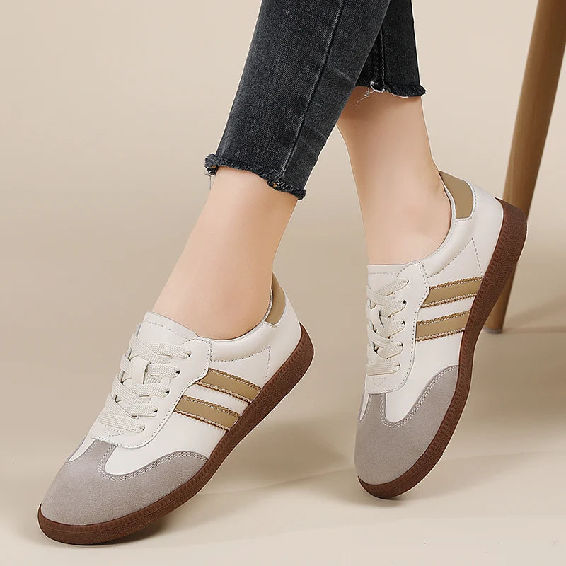 Tênis de couro clássico feminino, sapatos de luxo, corte baixo, renda, dedo do pé redondo, cinza, branco, retrô, casual, novo, outono, 2023 Importe Go 