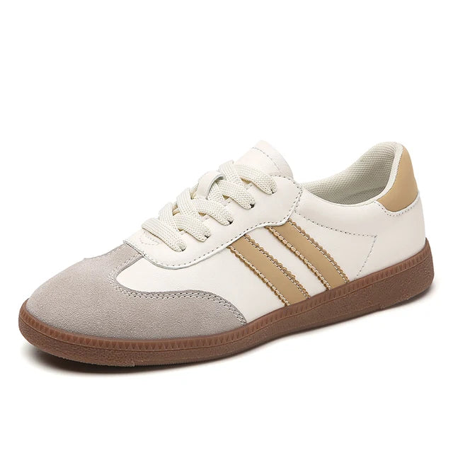 Tênis de couro clássico feminino, sapatos de luxo, corte baixo, renda, dedo do pé redondo, cinza, branco, retrô, casual, novo, outono, 2023 Importe Go Bege 35 