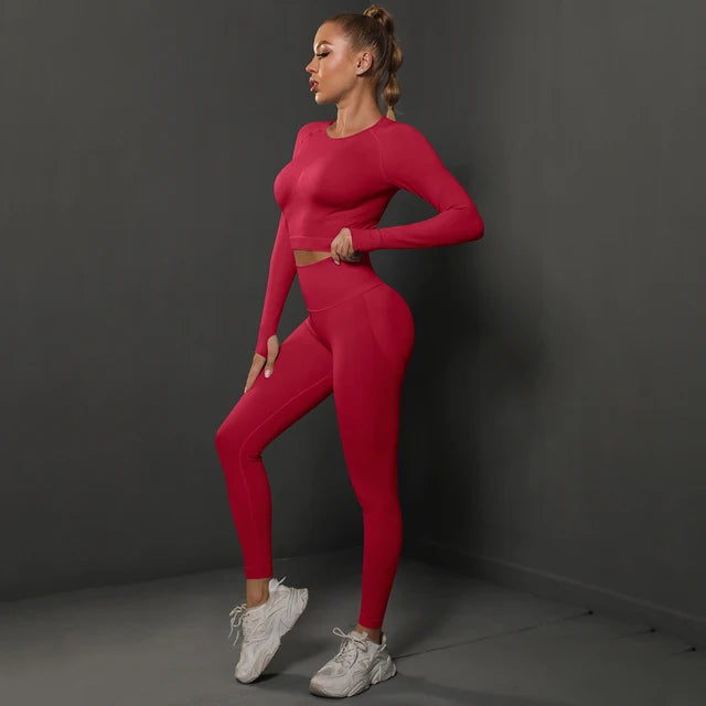 Ternos de ginástica sem costura para mulheres, calças esportivas Bubble Butt, camisas de manga comprida, conjuntos push up running, fatos de treino, calças justas, energia, 2PCs Importe Go Red S 