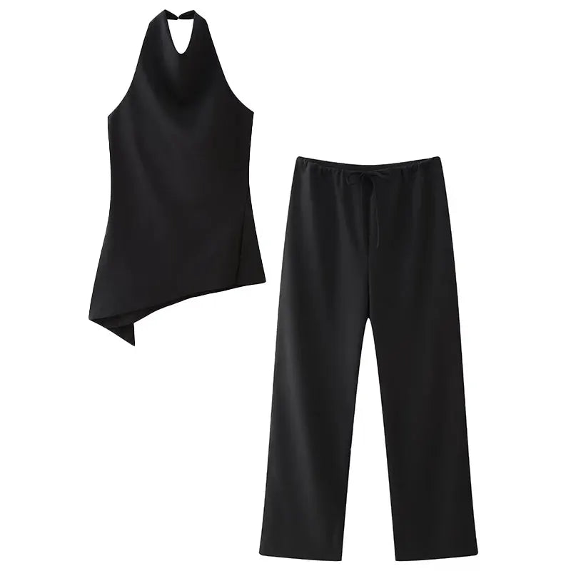 TRAFZA-Camis Top feminino sem costas compridas, calça reta de perna larga, conjunto de calças femininas, cintura elástica, sexy, nova moda, 2022 Importe Go Black Suit XS 