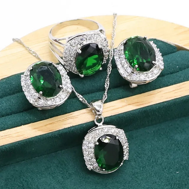 Verde Esmeralda 925 Conjunto De Jóias Para Mulheres, Pulseira De Festa De Casamento, Brincos De Argola, Colar, Pingente, Anel, Presente De Aniversário Importe Go 3pcs 6 