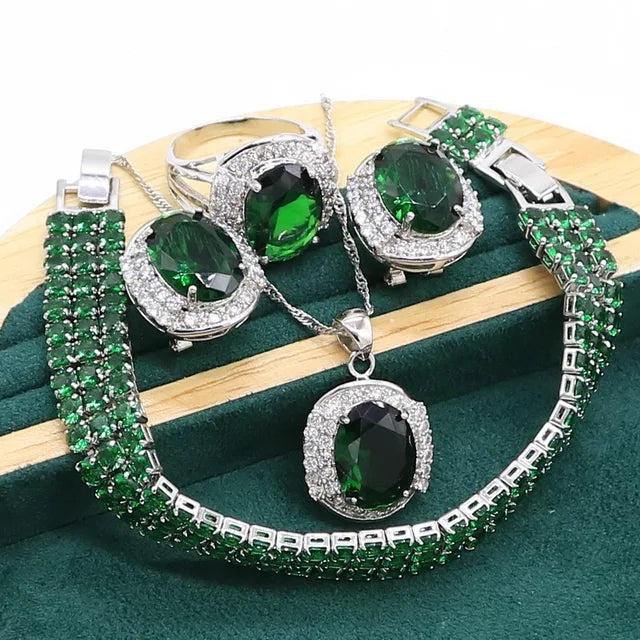 Verde Esmeralda 925 Conjunto De Jóias Para Mulheres, Pulseira De Festa De Casamento, Brincos De Argola, Colar, Pingente, Anel, Presente De Aniversário Importe Go Whole Set 6 