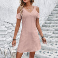 Vestido a linha A ombro fora do ombro feminino, Monocromático, Decote V, Oco, Manga curta, Elegante, Solto, Casual, Comutar, Lady, Moda, Verão Importe Go 