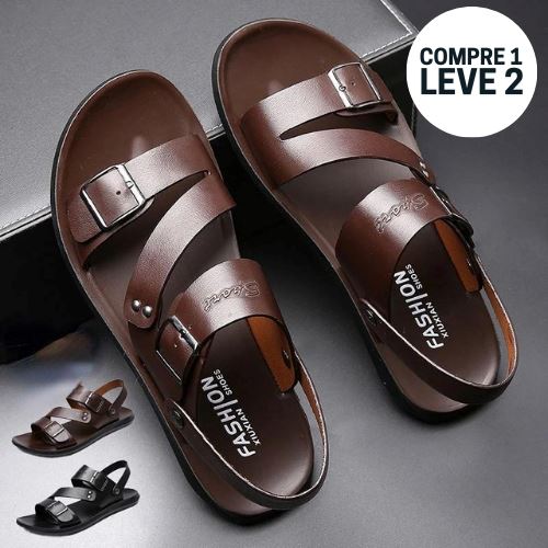 (Compre 1 Leve 2) Sandália Masculina de Couro Legítimo - Leather TOP C1L2 Leather Real Importe Go 