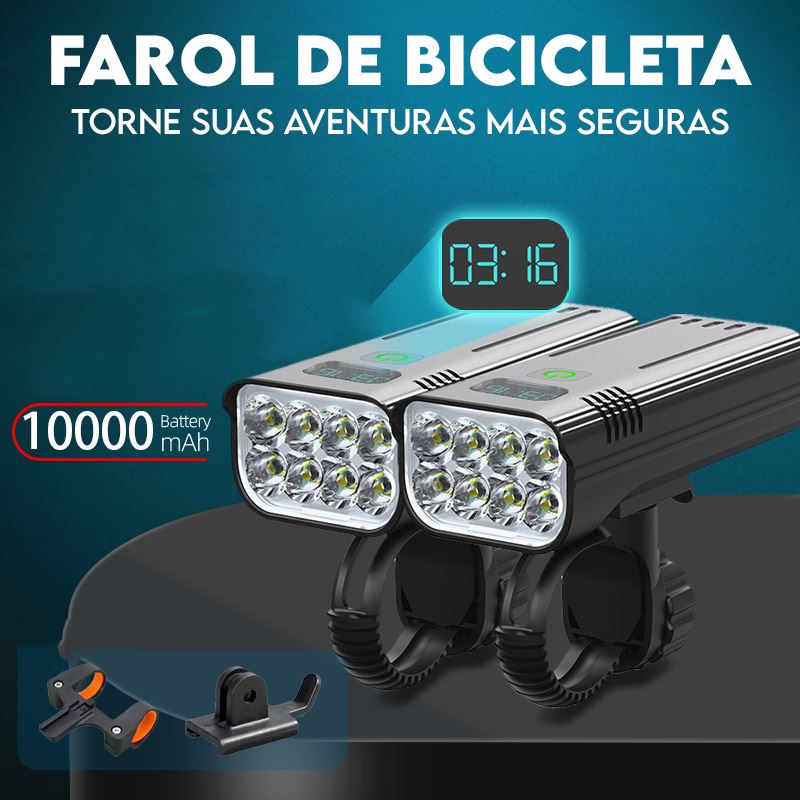 Farol de Bicicleta com 8 LEDs T6 6.400 Lumens Recarregável USB Farol de Bicicleta com 8 LEDs T6 6.400 Lumens Recarregável USB Importe Go 