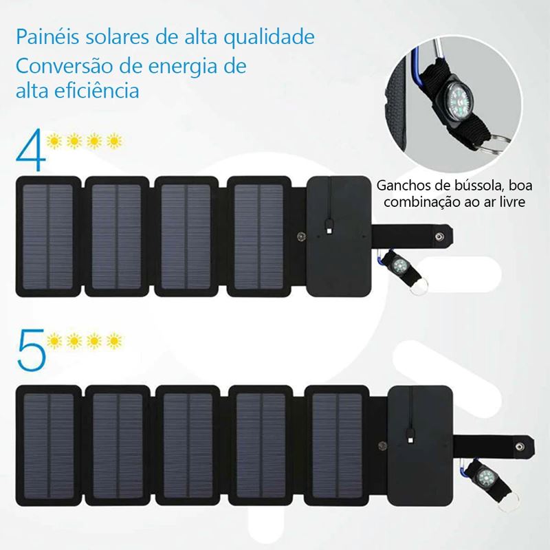 Painel Solar Carregador Portátil Dobrável para Celular e Dispositivos USB Painel Solar Carregador Portátil Dobrável para Celular e Dispositivos USB Importe Go 