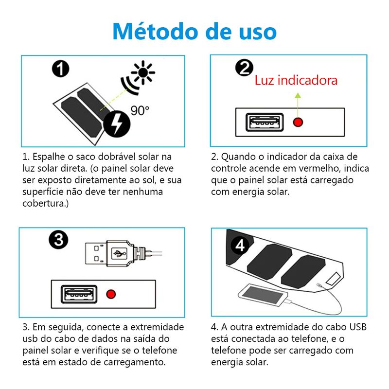 Painel Solar Carregador Portátil Dobrável para Celular e Dispositivos USB Painel Solar Carregador Portátil Dobrável para Celular e Dispositivos USB Importe Go 