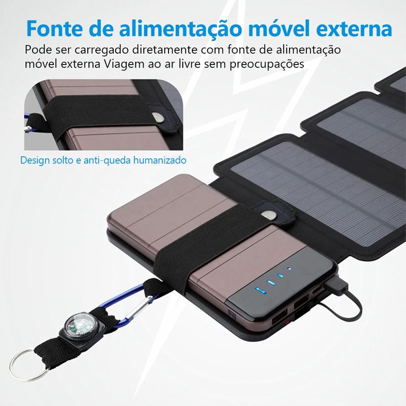 Painel Solar Carregador Portátil Dobrável para Celular e Dispositivos USB Painel Solar Carregador Portátil Dobrável para Celular e Dispositivos USB Importe Go 