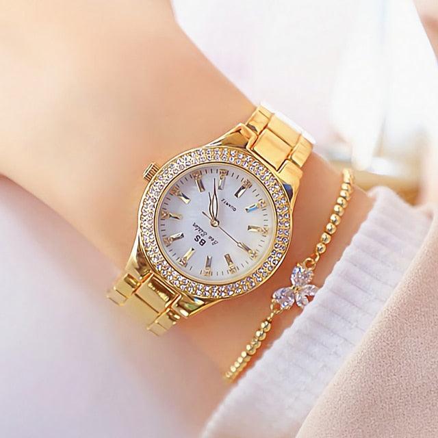 Relógio Feminino de Luxo + Brinde Exclusivo Relógio Feminino de Luxo Importe Go Ouro Pulseira de Cristal 